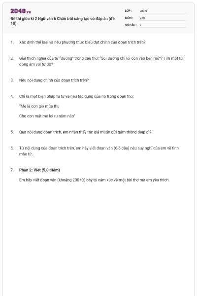 Đề thi giữa kì 2 Ngữ văn 6 Chân trời sáng tạo có đáp án (đề 10)