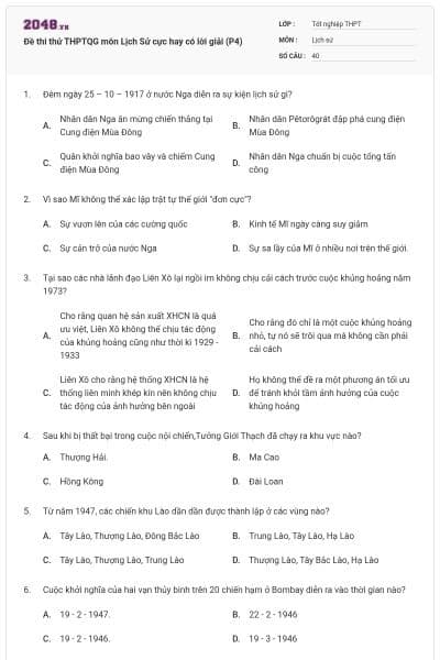Đề thi thử THPTQG môn Lịch Sử cực hay có lời giải (P4)