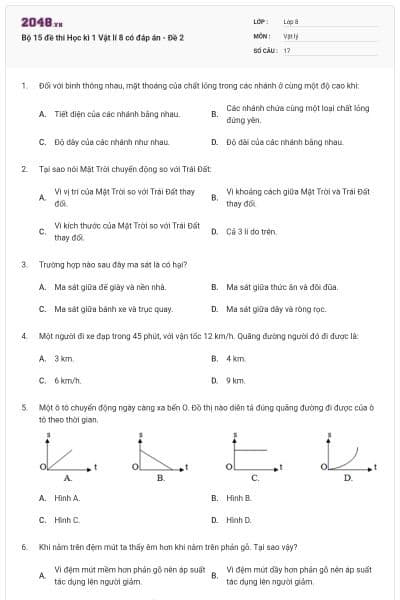 Bộ 15 đề thi Học kì 1 Vật lí 8 có đáp án - Đề 2