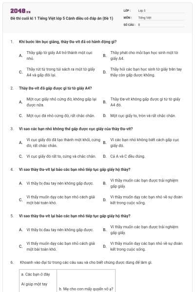 Đề thi cuối kì 1 Tiếng Việt lớp 5 Cánh diều có đáp án (Đề 1)