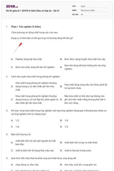 Đề thi giữa kì 1 KHTN 8 Cánh Diều có đáp án - Đề 01