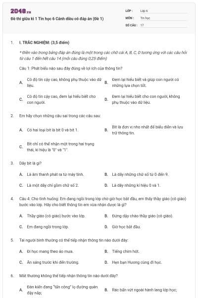 Đề thi giữa kì 1 Tin học 6 Cánh diều có đáp án (Đề 1)