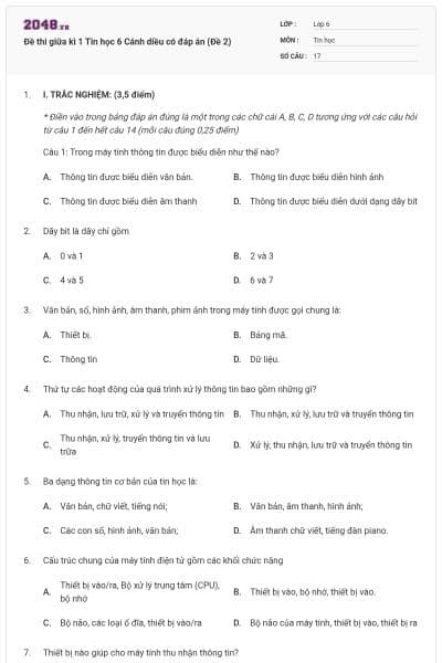 Đề thi giữa kì 1 Tin học 6 Cánh diều có đáp án (Đề 2)