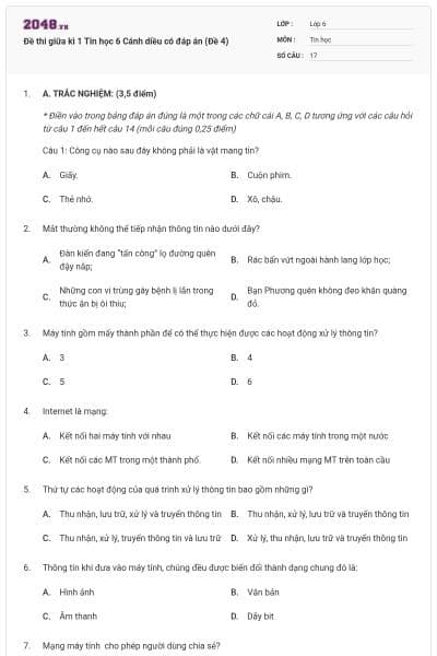 Đề thi giữa kì 1 Tin học 6 Cánh diều có đáp án (Đề 4)