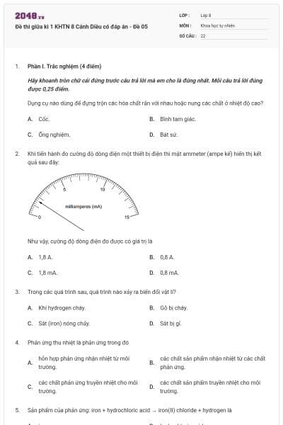 Đề thi giữa kì 1 KHTN 8 Cánh Diều có đáp án - Đề 05