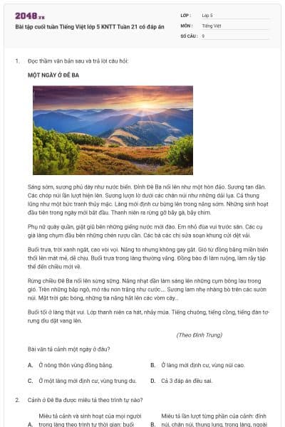 Bài tập cuối tuần Tiếng Việt lớp 5 KNTT Tuần 21 có đáp án