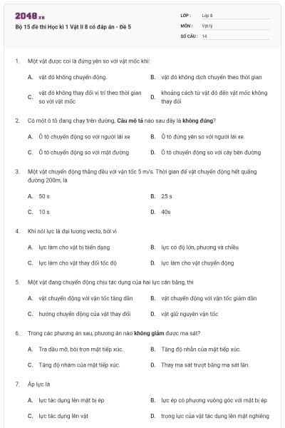 Bộ 15 đề thi Học kì 1 Vật lí 8 có đáp án - Đề 5