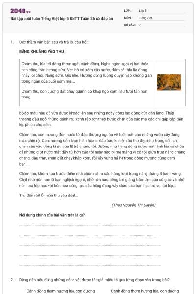 Bài tập cuối tuần Tiếng Việt lớp 5 KNTT Tuần 26 có đáp án