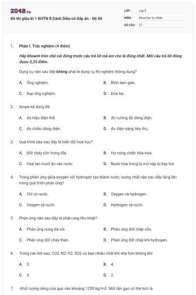 Đề thi giữa kì 1 KHTN 8 Cánh Diều có đáp án - Đề 06