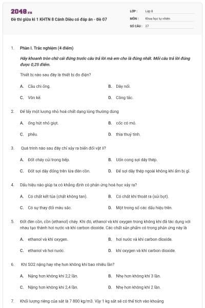 Đề thi giữa kì 1 KHTN 8 Cánh Diều có đáp án - Đề 07