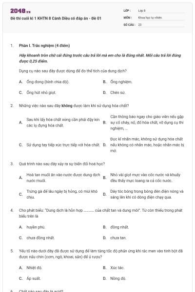 Đề thi cuối kì 1 KHTN 8 Cánh Diều có đáp án - Đề 01