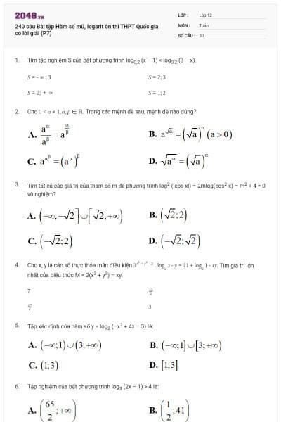 240 câu Bài tập Hàm số mũ, logarit ôn thi THPT Quốc gia có lời giải (P7)