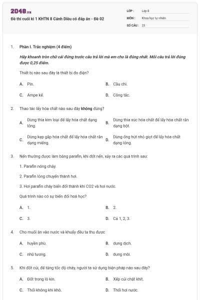 Đề thi cuối kì 1 KHTN 8 Cánh Diều có đáp án - Đề 02