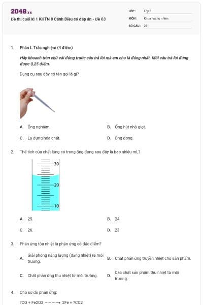 Đề thi cuối kì 1 KHTN 8 Cánh Diều có đáp án - Đề 03