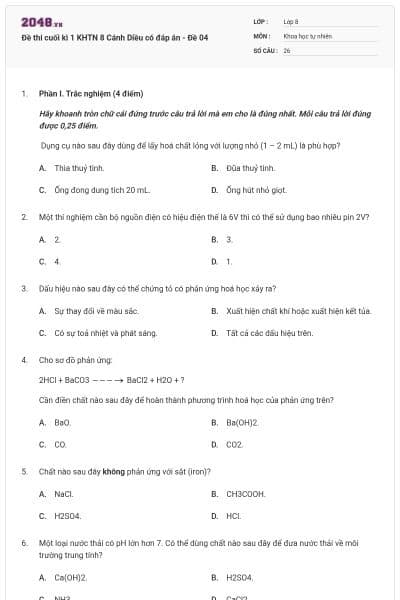 Đề thi cuối kì 1 KHTN 8 Cánh Diều có đáp án - Đề 04