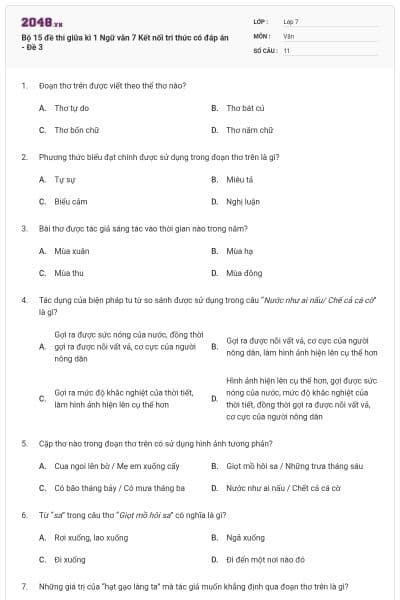 Bộ 15 đề thi giữa kì 1 Ngữ văn 7 Kết nối tri thức có đáp án - Đề 3