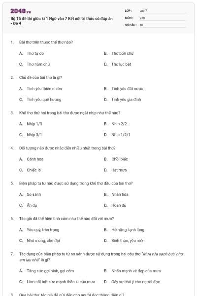 Bộ 15 đề thi giữa kì 1 Ngữ văn 7 Kết nối tri thức có đáp án - Đề 4