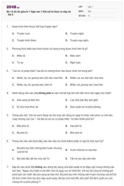 Bộ 15 đề thi giữa kì 1 Ngữ văn 7 Kết nối tri thức có đáp án - Đề 5