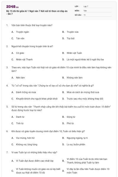 Bộ 15 đề thi giữa kì 1 Ngữ văn 7 Kết nối tri thức có đáp án - Đề 7