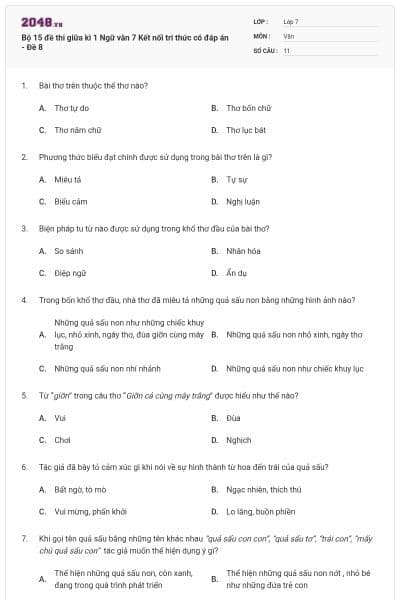 Bộ 15 đề thi giữa kì 1 Ngữ văn 7 Kết nối tri thức có đáp án - Đề 8