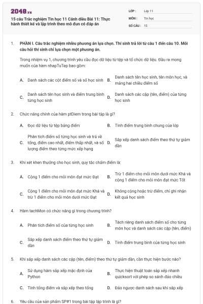 15 câu Trắc nghiệm Tin học 11 Cánh diều Bài 11: Thực hành thiết kế và lập trình theo mô đun có đáp án