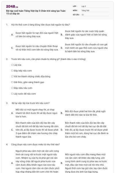 Bài tập cuối tuần Tiếng Việt lớp 5 Chân trời sáng tạo Tuần 15 có đáp án