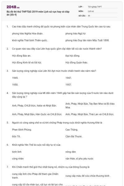 Bộ đề thi thử THPTQG 2019 môn Lịch sử cực hay có đáp án (đề 4)