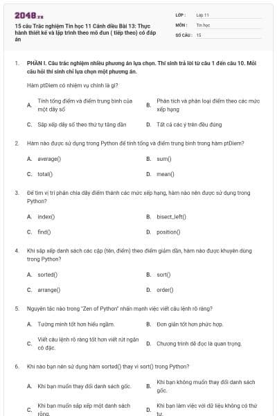 15 câu Trắc nghiệm Tin học 11 Cánh diều Bài 13: Thực hành thiết kế và lập trình theo mô đun ( tiếp theo) có đáp án