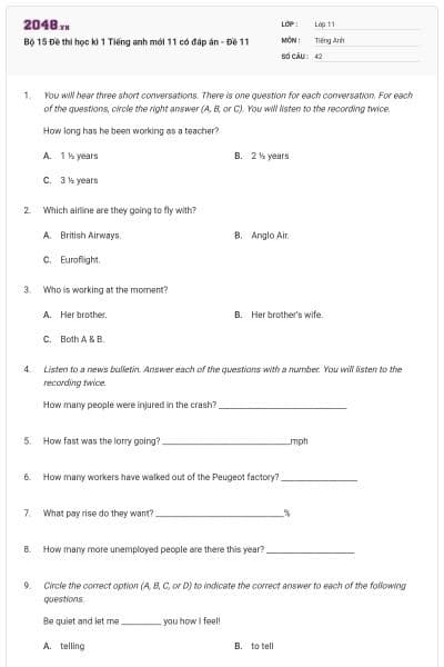 Bộ 15 Đề thi học kì 1 Tiếng anh mới 11 có đáp án - Đề 11