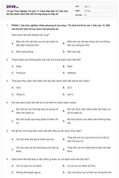 15 câu Trắc nghiệm Tin học 11 Cánh diều Bài 15: Cấu trúc dữ liệu danh sách liên kết và ứng dụng có đáp án