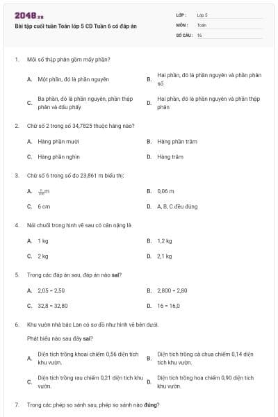 Bài tập cuối tuần Toán lớp 5 CD Tuần 6 có đáp án