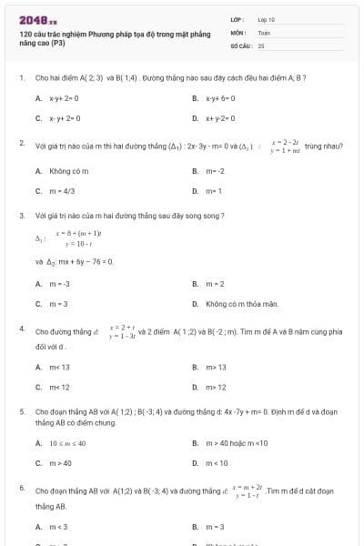120 câu trắc nghiệm Phương pháp tọa độ trong mặt phẳng nâng cao (P3)