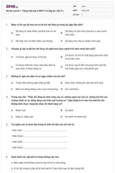 Đề thi cuối kì 1 Tiếng Việt lớp 5 KNTT có đáp án ( Đề 5 )