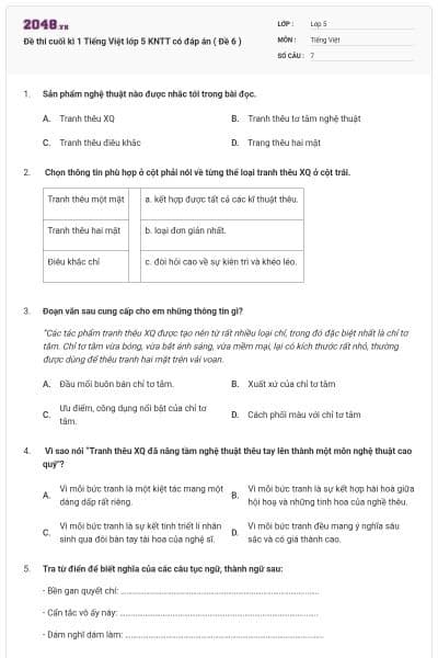 Đề thi cuối kì 1 Tiếng Việt lớp 5 KNTT có đáp án ( Đề 6 )