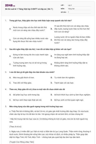Đề thi cuối kì 1 Tiếng Việt lớp 5 KNTT có đáp án ( Đề 7 )