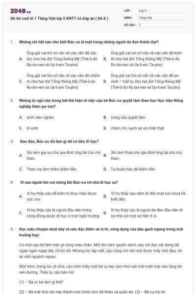 Đề thi cuối kì 1 Tiếng Việt lớp 5 KNTT có đáp án ( Đề 8 )
