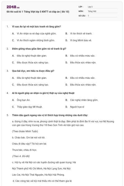 Đề thi cuối kì 1 Tiếng Việt lớp 5 KNTT có đáp án ( Đề 10)