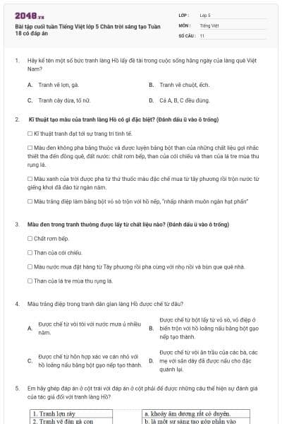 Bài tập cuối tuần Tiếng Việt lớp 5 Chân trời sáng tạo Tuần 18 có đáp án