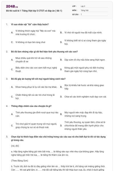 Đề thi cuối kì 1 Tiếng Việt lớp 5 CTST có đáp án ( Đề 1)