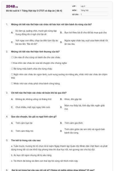 Đề thi cuối kì 1 Tiếng Việt lớp 5 CTST có đáp án ( Đề 4)