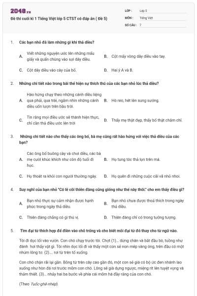 Đề thi cuối kì 1 Tiếng Việt lớp 5 CTST có đáp án ( Đề 5)