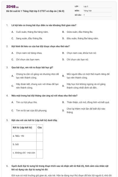 Đề thi cuối kì 1 Tiếng Việt lớp 5 CTST có đáp án ( Đề 8)