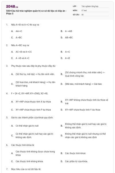 500+Câu hỏi trắc nghiệm quản trị cơ sở dữ liệu có đáp án - Phần 5