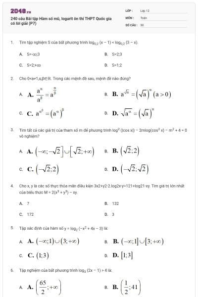 240 câu Bài tập Hàm số mũ, logarit ôn thi THPT Quốc gia có lời giải (P7)