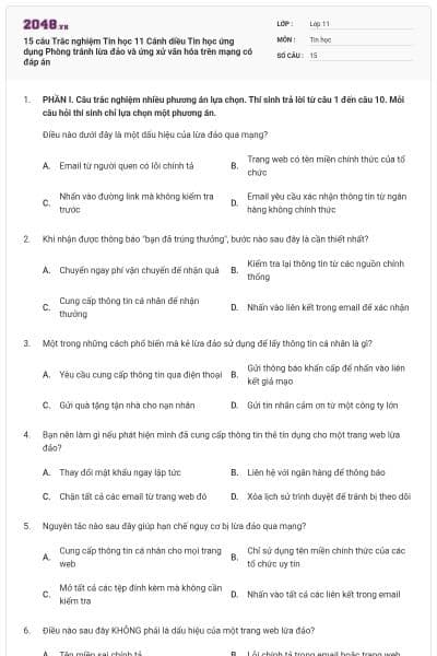 15 câu Trắc nghiệm Tin học 11 Cánh diều Tin học ứng dụng Phòng tránh lừa đảo và ứng xử văn hóa trên mạng có đáp án