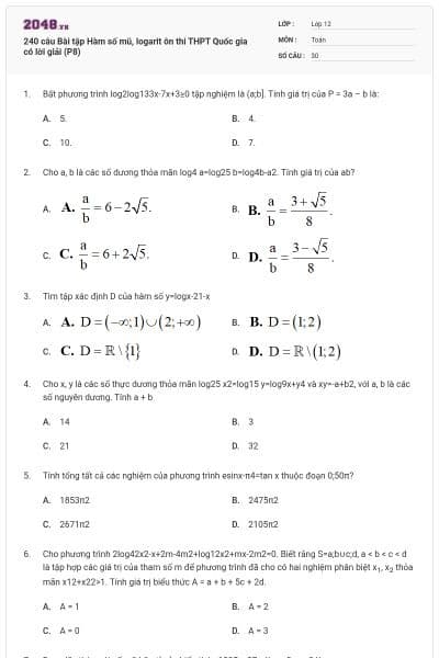 240 câu Bài tập Hàm số mũ, logarit ôn thi THPT Quốc gia có lời giải (P8)