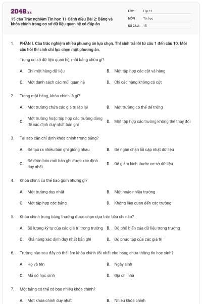 15 câu Trắc nghiệm Tin học 11 Cánh diều Bài 2: Bảng và khóa chính trong cơ sở dữ liệu quan hệ có đáp án