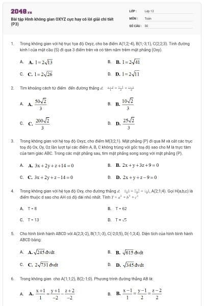 Bài tập Hình không gian OXYZ cực hay có lời giải chi tiết (P3)