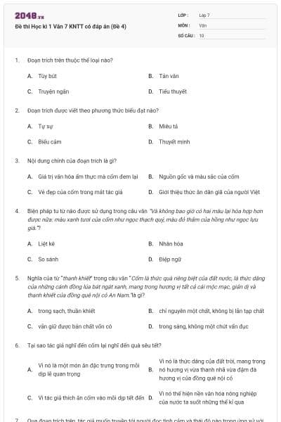 Đề thi Học kì 1 Văn 7 KNTT có đáp án (Đề 4)