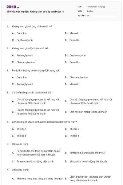 150 câu trắc nghiệm Kháng sinh có đáp án (Phần 1)